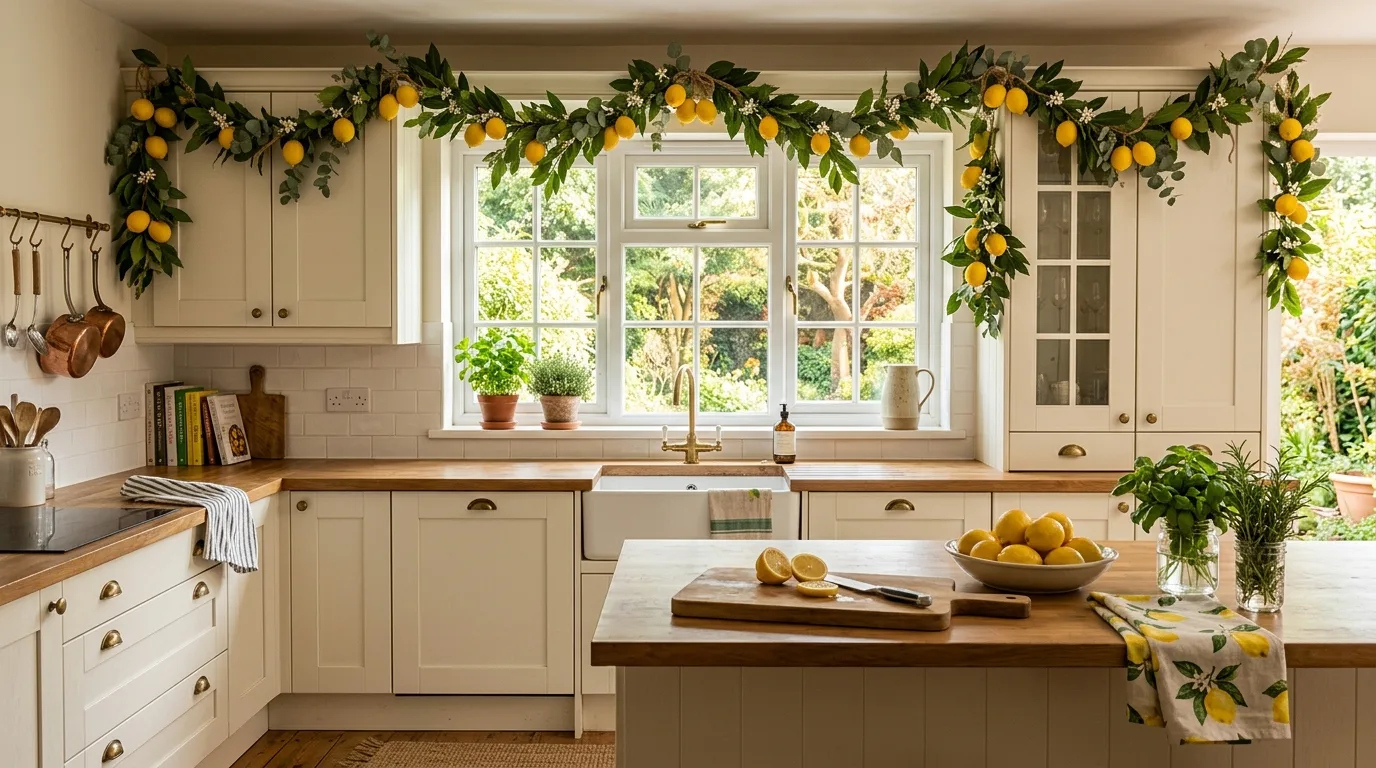 Kitchen decorated with a lemon garland